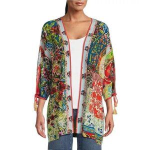 John Mark Embroidered Print KIMONO Jacket Size S Multi Tassel Sleeve NWT $119